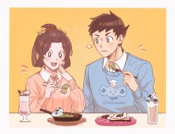 1boy 1girl 9105_y ace_attorney black_hair blue_sweater blush bright_pupils brown_eyes brown_hair chopsticks chuunosuke_(ace_attorney) cup food hair_rings hands_up holding holding_chopsticks korean_commentary pink_sweater red_ribbon ribbon ryunosuke_naruhodo shirt short_hair susato_mikotoba sweater table the_great_ace_attorney updo usato_(ace_attorney) white_shirt yellow_ribbon