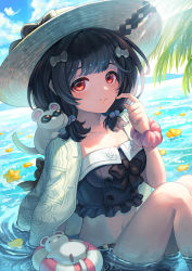 Rule 34 | 1girl, black shirt, blush, bow, breasts, cleavage, closed mouth, cloud, collarbone, crop top, day, granblue fantasy, hair bow, hat, highres, jacket, jacket on shoulders, looking at viewer, medium hair, mouse (animal), navel, outdoors, partially submerged, red eyes, scrunchie, shirt, sitting, small breasts, smile, solo, strapless, strapless shirt, sun hat, vikala (granblue fantasy), water, white hat, white jacket, wrist scrunchie, yuiko (yuiyuiko 108)