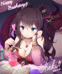 Rule 34 | 1girl, :3, beaker, blue eyes, book, breasts, brown hair, character doll, character name, cleavage, commentary request, dated, hair ribbon, happy birthday, ichinose shiki, idolmaster, idolmaster cinderella girls, lamia, large breasts, long hair, lying, monster girl, on stomach, qixi cui xing, ribbon, solo, two side up, wavy hair