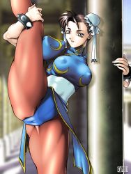 Rule 34 | 1girl, breasts, bun cover, cameltoe, capcom, china dress, chinese clothes, chun-li, covered erect nipples, crotch, double bun, dress, large breasts, leg lift, pantyhose, pelvic curtain, qkat (arikawa-dou), solo, spread legs, street fighter, thick thighs, thighs