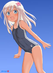Rule 34 | 1girl, artist name, bare arms, bare legs, bare shoulders, black sailor collar, black one-piece swimsuit, blonde hair, blue eyes, blue sky, feet out of frame, flat chest, flower, gradient sky, hair flower, hair ornament, highres, kantai collection, long hair, looking at viewer, mu-pyon, one-piece swimsuit, one-piece tan, open mouth, paid reward available, paid reward available, ro-500 (kancolle), sailor collar, school swimsuit, sky, smile, solo, standing, swimsuit, tan, tanline, twitter username