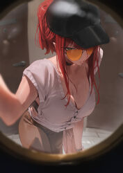 1girl absurdres black_choker black_hat breasts brown_pants choker cleavage glasses green_eyes hat highres large_breasts long_hair looking_at_viewer original pants parted_lips ponytail red_hair rororo shirt sidelocks solo sweat white_shirt