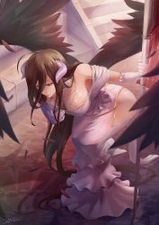Rule 34 | 1girl, albedo (overlord), bare hips, bare shoulders, black hair, breasts, brown eyes, cleavage, demon girl, downblouse, dress, female focus, highres, hip vent, horns, johnson zhuang, large breasts, long hair, overlord (maruyama), smile, solo, demon girl, thighs, wings