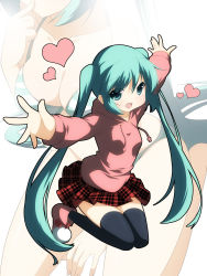 Rule 34 | 1girl, aqua eyes, aqua hair, bra, child, finger to mouth, hatsune miku, heart, highres, hood, hoodie, jumping, lingerie, long hair, open mouth, outstretched arms, panties, pantyshot, skirt, solo, spread arms, striped bra, striped clothes, striped panties, thighhighs, twintails, underwear, upskirt, very long hair, vocaloid, yuzuki kei, zoom layer