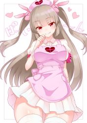 Rule 34 | 1girl, apron, armband, bandaged arm, bandages, blush, breasts, buttons, center frills, closed mouth, dress, fang, frills, hair ornament, hat, light brown hair, long hair, looking at viewer, medium breasts, natori sana, nurse, nurse cap, pink apron, pink hat, puffy short sleeves, puffy sleeves, rabbit hair ornament, red eyes, sana channel, short sleeves, smile, standing, thighhighs, two side up, ug (nekonekodou), virtual youtuber, white dress, white thighhighs