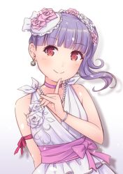 Rule 34 | 1girl, arm behind back, arm ribbon, ayasaka, bang dream!, blunt bangs, bracelet, choker, commentary request, corsage, dress, earrings, finger to mouth, flower, hair flower, hair ornament, index finger raised, jewelry, long hair, looking at viewer, necklace, pearl bracelet, pearl necklace, pink choker, pink flower, pink rose, purple hair, red eyes, red ribbon, ribbon, rose, sash, side ponytail, sleeveless, sleeveless dress, smile, solo, udagawa ako, upper body, wedding dress, white dress, white flower, white rose