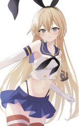 Rule 34 | 1girl, absurdres, black hairband, black panties, blonde hair, blue sailor collar, blue skirt, cowboy shot, crop top, elbow gloves, gloves, grey eyes, hair between eyes, hairband, highleg, highleg panties, highres, kantai collection, long hair, looking at viewer, midriff, miniskirt, navel, panties, pleated skirt, sailor collar, shimakaze (kancolle), shirt, simple background, skirt, sleeveless, sleeveless shirt, solo, striped clothes, striped thighhighs, thighhighs, underwear, white background, white gloves, yoshino (mfmfpng)