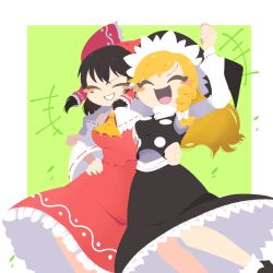 Rule 34 | +++, 2girls, :d, arm up, blush stickers, breasts, commentary request, friends, green background, grin, hakurei reimu, hand on own hip, happy, highres, kirisame marisa, medium breasts, multiple girls, open mouth, shinsei tomato, simple background, smile, teeth, tongue, touhou