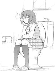 Rule 34 | 1girl, ascot, bad id, bad pixiv id, clothes pull, dr.p, female focus, greyscale, head rest, kazami yuuka, monochrome, nose bubble, pantyhose, pantyhose pull, plaid, plaid skirt, plaid vest, short hair, skirt, skirt set, sleeping, slippers, solo, toilet, toilet paper, toilet use, touhou, unmoving pattern, vest