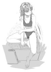 Rule 34 | 1girl, absurdres, aihara akito, barefoot, bed sheet, collarbone, greyscale, highres, long hair, looking away, messy hair, monochrome, natsuki (new normal), new normal, no mask, on bed, simple background, sitting, sleepy, underwear, underwear only