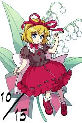 Rule 34 | 1girl, black shirt, blonde hair, blue eyes, closed mouth, commentary, dated, flower, full body, hair ribbon, itani illust, lily of the valley, looking at viewer, medicine melancholy, red footwear, red ribbon, red skirt, ribbon, shirt, short hair, short sleeves, simple background, skirt, smile, socks, solo, touhou, white background, white socks
