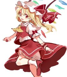 Rule 34 | 1girl, blonde hair, bloomers, blush, bow, flandre scarlet, hat, hat bow, long hair, mob cap, open mouth, paragasu (parags112), puffy short sleeves, puffy sleeves, red eyes, red footwear, red shirt, red skirt, shirt, shoes, short sleeves, simple background, skirt, skirt set, smile, socks, solo, touhou, underwear, white background, white socks, wings