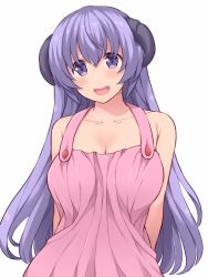 Rule 34 | 1girl, :d, amane hasuhito, apron, arms behind back, bad id, bad pixiv id, bare shoulders, blush, breasts, cleavage, collarbone, hanyuu, higurashi no naku koro ni, horns, huge breasts, long hair, looking at viewer, naked apron, open mouth, pink apron, purple eyes, purple hair, smile, solo, upper body, white background