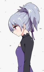 Rule 34 | 1girl, blush, breasts, closed mouth, commentary, cougar (cougar1404), darker than black, dress, hair ribbon, long hair, ponytail, purple dress, purple eyes, ribbon, silver hair, simple background, small breasts, solo, white background, yin (darker than black)