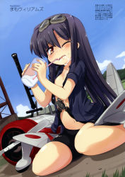 Rule 34 | 1girl, absurdres, bike shorts, black hair, blue sky, brown eyes, day, drinking, dutch angle, flat chest, goggles, goggles on head, harness, highres, long hair, mamo williams, mc axis, mecha musume, milk, nakajima ki-27, navel, open clothes, original, personification, propeller, scan, sitting, sky, solo, spill, sweat, tears, wariza, wince
