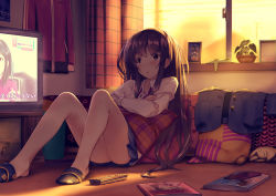 Rule 34 | 1girl, blush, brown eyes, brown hair, cellphone, controller, crossed arms, curtains, cushion, doll, feet, framed, indoors, jersey, kinugasa yuuichi, knees up, long hair, long sleeves, magazine (object), miniskirt, no shoes, on floor, original, parted lips, phone, photo (object), picture frame, plant, potted plant, remote control, shirt, sitting, skirt, slippers, smartphone, socks, solo, sunset, television, very long hair, white shirt, window