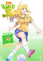 Rule 34 | 1girl, 2014 fifa world cup, ahoge, ball, blonde hair, blush, brazil, brazilian flag, breasts, color connection, dated, green eyes, highres, hoshii miki, idolmaster, idolmaster (classic), inoue sora, long hair, loose socks, open mouth, short sleeves, shorts, signature, smile, soccer, soccer ball, soccer uniform, socks, solo, sportswear, sweat, white socks, world cup