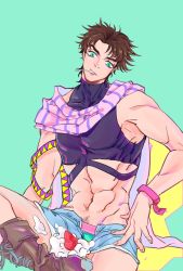 Rule 34 | 1boy, battle tendency, boots, brown hair, denim, denim shorts, fingerless gloves, food, fruit, gloves, highres, jakual, jojo no kimyou na bouken, joseph joestar, joseph joestar (young), male focus, mouth hold, open pants, pants, ribbon, scarf, short shorts, shorts, solo, strawberry, striped clothes, striped scarf, utensil in mouth, wristband