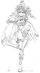 Rule 34 | 1girl, boots, cape, fighting stance, gloves, graphite (medium), greyscale, hat, head wings, lotus west, melia antiqua, millipen (medium), monochrome, nintendo, solo, thighhighs, traditional media, wings, xenoblade chronicles (series), xenoblade chronicles 1