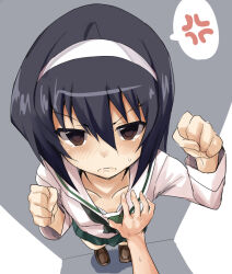 Rule 34 | 1girl, anger vein, angry, black hair, blush, bra, bra peek, grabbing another&#039;s breast, brown eyes, brown footwear, clenched hands, collarbone, commentary, embarrassed, flat chest, flat chest joke, foreshortening, from above, frown, girls und panzer, grabbing, green skirt, groping, hair between eyes, hairband, hands up, korosuk01885664, loafers, long hair, looking at viewer, looking up, ooarai school uniform, perspective, pleated skirt, reizei mako, sailor collar, school uniform, serafuku, shirt, shoes, skirt, spoken anger vein, sweatdrop, underwear, v-shaped eyebrows, white hairband, white sailor collar, white shirt