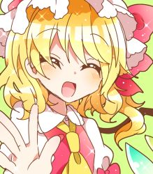 Rule 34 | 1girl, ^ ^, ascot, blonde hair, blouse, closed eyes, collared shirt, closed eyes, flandre scarlet, hat, kyapinetzu, looking at viewer, mob cap, open mouth, shirt, short hair, sketch, smile, solo, touhou, waving, white shirt, wings