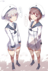Rule 34 | 10s, 2girls, arms at sides, arms behind back, blue eyes, brown eyes, brown hair, clothes writing, dress, full body, hat, kantai collection, looking at viewer, military, military uniform, multiple girls, open mouth, perspective, sailor collar, sailor dress, sailor hat, see-through, short dress, short hair, silver bell (artist), silver hair, translation request, uniform, white hat, z1 leberecht maass (kancolle), z3 max schultz (kancolle)