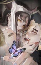 Rule 34 | 1boy, 1girl, axuana, bare shoulders, black hair, blonde hair, blood, blood from mouth, blood on face, blood on hands, bug, butterfly, crossover, demon boy, demon girl, demon horns, detached sleeves, douma (kimetsu no yaiba), evil grin, evil smile, fangs, fate/grand order, fate (series), fingernails, grin, highres, horns, insect, kimetsu no yaiba, long hair, long sleeves, looking at viewer, multicolored eyes, open mouth, parted bangs, sessyoin kiara, sharp fingernails, sharp teeth, smile, teeth, very long hair, wasp, wide sleeves, yellow eyes