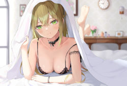 Rule 34 | 1girl, akie (44265104), arm strap, bare shoulders, barefoot, bed sheet, bedroom, black bow, black bra, black choker, blonde hair, blurry, blurry background, blush, bow, bra, bracelet, breasts, choker, cleavage, clock, closed mouth, collarbone, cosmetics, crossed bangs, elbow rest, feet up, flower, green eyes, highres, jewelry, lingerie, long hair, looking at viewer, lying, medium breasts, on bed, on stomach, original, picture frame, ribbon choker, sheet grab, smile, soles, solo, strap slip, under covers, underwear, vase