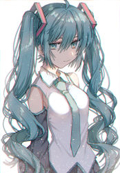 Rule 34 | 1girl, absurdres, aqua eyes, aqua hair, aqua necktie, bad id, bad pixiv id, bare shoulders, black skirt, blurry, commentary, deep (deep4946), depth of field, detached sleeves, hair ornament, hatsune miku, highres, long hair, looking to the side, necktie, shirt, skirt, sleeveless, sleeveless shirt, smile, solo, standing, twintails, upper body, very long hair, vocaloid, white background, white shirt