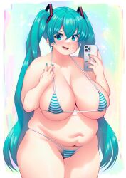 Rule 34 | 1girl, absurdres, aqua eyes, aqua hair, aqua nails, artist name, bikini, blush, border, breasts, cameltoe, cellphone, cleavage, cleft of venus, cloudxmoe, commentary, cowboy shot, english commentary, english text, fat, female pubic hair, film grain, hair between eyes, hair ornament, hatsune miku, highres, holding, holding phone, huge breasts, iphone, large breasts, long hair, looking at viewer, micro bikini, multicolored background, navel, open mouth, outside border, phone, plump, pubic hair, smartphone, solo, string bikini, striped bikini, striped clothes, swimsuit, tareme, thick arms, thick thighs, thighs, twintails, v, very long hair, vocaloid, white border