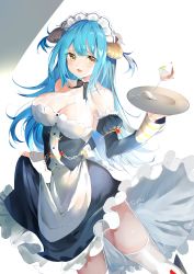 Rule 34 | 1girl, absurdres, apron, artist name, azur lane, blue hair, breasts, clam, cleavage, clothes lift, commentary request, cup, detached sleeves, drinking glass, highres, hoerutarou, large breasts, lifted by self, long hair, looking at viewer, maid headdress, neptune (azur lane), open mouth, ribbon, skirt, skirt lift, sleeveless, solo, tray, white background, wine glass, yellow eyes