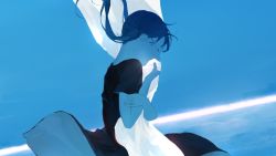 Rule 34 | 1girl, above clouds, black dress, blue hair, blue sky, blue theme, closed eyes, cloud, commentary, covering own mouth, dark blue hair, dress, dutch angle, hare wo matsu (vocaloid), hatsune miku, in 79, official art, short sleeves, sky, solo, twintails, two-sided dress, two-sided fabric, upper body, vocaloid