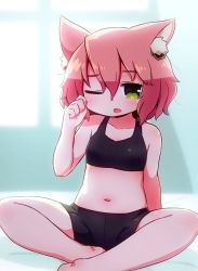 Rule 34 | 1girl, 7th dragon, 7th dragon (series), animal ear fluff, animal ears, bare arms, bare legs, bare shoulders, barefoot, bed sheet, bike shorts, black bra, black shorts, blush, bra, cat ears, collarbone, commentary request, fighter (7th dragon), green eyes, hair between eyes, harukara (7th dragon), highres, looking at viewer, messy hair, naga u, navel, one eye closed, parted lips, pink hair, short shorts, shorts, sitting, solo, sports bra, underwear, waking up, wavy mouth