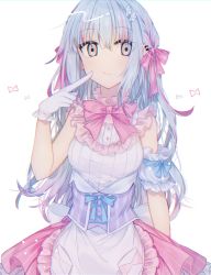 Rule 34 | 1girl, apron, bare shoulders, blouse, blue hair, blue ribbon, bow, bowtie, breasts, commentary, corset, cowboy shot, dress, gloves, hair ornament, hair ribbon, hairclip, highres, long hair, looking at viewer, medium breasts, minamiya mia, multicolored hair, original, pink bow, pink bowtie, pink dress, pink eyes, pink hair, ribbon, shirt, simple background, skirt, solo, striped clothes, striped skirt, tagme, two side up, vertical-striped clothes, vertical-striped skirt, white apron, white background, white gloves, white shirt