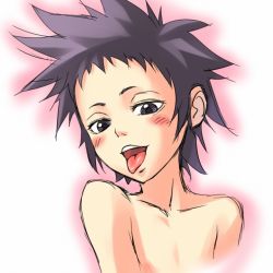 Rule 34 | 00s, 1girl, black eyes, blush, completely nude, d.gray-man, female focus, flat chest, looking at viewer, mosha, nude, outline, road kamelot, short hair, simple background, smile, solo, tongue, tongue out, topless frame, white background