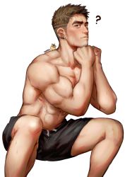 Rule 34 | 1boy, abs, artist name, bara, biceps, blush, brown hair, buzz cut, confused, ear piercing, earrings, green eyes, greenteaa, hamster, highres, jewelry, long sideburns, male focus, manly, muscular, muscular male, navel, original, pectorals, piercing, short hair, shorts, sideburns, solo, squatting, sweat, sweatdrop, thick arms, topless male, very short hair