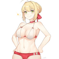 Rule 34 | 1girl, adapted costume, ahoge, bare shoulders, bikini, blonde hair, blush, braid, breasts, buruma, choker, cleavage, closed mouth, collarbone, fang, fate/extra, fate/grand order, fate (series), french braid, green eyes, hair bun, hair intakes, highres, large breasts, long hair, looking at viewer, muntes, navel, nero claudius (fate), nero claudius (fate) (all), nero claudius (fate/extra), nero claudius (olympian bloomers) (fate), official alternate costume, red buruma, red ribbon, ribbon, simple background, single hair bun, skin fang, smile, smug, solo, sparkle, swimsuit, white background, white bikini