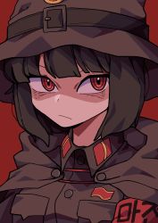 Rule 34 | 1girl, :/, armband, black hair, blunt bangs, breast pocket, breasts, brown hat, buttons, character request, closed mouth, collared jacket, commentary request, copyright request, frown, gomulgong, hat, hat belt, highres, hood, hood down, jacket, korean commentary, korean text, looking at viewer, military, military uniform, pocket, portrait, red armband, red background, red eyes, short hair, simple background, solo, translation request, uniform, upper body