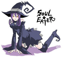 Rule 34 | 00s, blair (soul eater), blush, boots, dress, food, hat, lowres, purple hair, solo, soul eater, sweet potato, thigh boots, thighhighs, witch hat, yellow eyes, zye