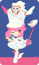 Rule 34 | 1girl, ;), conductor baton, blue background, blue footwear, blue hat, blush stickers, boots, chibi, closed mouth, commentary, crossed legs, frills, full body, hat, holding, jakuzure nonon, kill la kill, light blue dress, long hair, looking at viewer, one eye closed, pink background, pink eyes, pink hair, rizu (rizunm), shako cap, short sleeves, sidelocks, smile, solo, standing, twitter username, two-tone background, winged hat, wrist cuffs