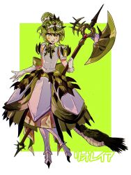 Rule 34 | 1girl, armor, armored boots, armored dress, axe, boots, bow, breastplate, commentary request, dragon tail, dress, gloves, green bow, green square, hair bun, highres, holding, holding axe, kagami ritsuke, looking at viewer, medium hair, monster girl, monster hunter (series), personification, rathian, shoulder armor, simple background, smile, spikes, tail, teeth, tiara, two-tone background, upper teeth only, white gloves, yellow eyes