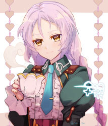 1girl blue_necktie blush braid butler clorica_(rune_factory) corset cup female_butler frills hair_between_eyes highres holding holding_cup hota_(rab_bit73) juliet_sleeves long_hair long_sleeves looking_at_viewer necktie puffy_sleeves purple_corset purple_hair rune_factory rune_factory_4 smile solo teacup twin_braids yellow_eyes