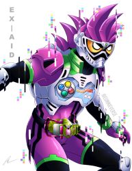 Rule 34 | 1boy, armor, belt, character name, commentary, english commentary, english text, eunnieverse, full body, gamer driver, kamen rider, kamen rider ex-aid, kamen rider ex-aid (series), male focus, mighty action x level 2, open hand, pink armor, pink hair, shoulder pads, solo, tokusatsu
