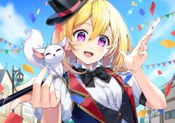 Rule 34 | 1girl, black bow, black bowtie, blonde hair, bon (bonbon315), bow, bowtie, card, formal, hat, holding, holding card, looking at viewer, magician, medium hair, original, playing card, purple eyes, smile, solo, suit, top hat, upper body, wand