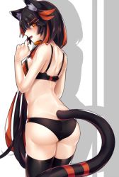 Rule 34 | 1girl, animal ears, ass, bad id, bad pixiv id, bare shoulders, black hair, black panties, black thighhighs, blush, bra, breasts, cat ears, cat tail, cowboy shot, creatures (company), drop shadow, eyes visible through hair, fang, female focus, from behind, game freak, gen 7 pokemon, grey background, hair ornament, hairclip, hand up, legs together, long hair, looking at viewer, looking back, multicolored bra, multicolored clothes, multicolored hair, nintendo, open mouth, orange eyes, panties, personification, pokemon, red bra, red hair, scrunchie, shikkoku neko, shiny skin, shy, simple background, skindentation, small breasts, smile, solo, standing, streaked hair, striped tail, sweat, tail, thighhighs, torracat, two-tone background, two-tone hair, underwear, underwear only, very long hair, white background