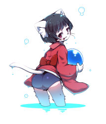 Rule 34 | 1girl, :p, ass, black hair, female focus, from behind, furry, furry female, omunikin, one-piece swimsuit, original, partially submerged, setsu (omunikin), solo, swimsuit, swimsuit under clothes, tail, tongue, tongue out