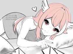 Rule 34 | 1girl, bare arms, bare shoulders, feathered wings, grey background, greyscale, hair between eyes, heart, highres, indie virtual youtuber, looking at viewer, lying, monochrome, on side, pillowdear, pink hair, red eyes, simple background, smile, suezoomie, watermark, wings