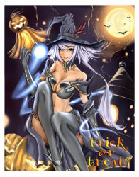 Rule 34 | 1girl, bad id, bad pixiv id, bat (animal), breasts, cleavage, full moon, halloween, hat, jack-o&#039;-lantern, large breasts, moon, original, purple eyes, scaretsoul, silver hair, thighhighs, witch, witch hat