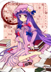 Rule 34 | 1girl, barefoot, book, bow, character name, crescent moon, dress, female focus, hair bow, hat, long hair, moon, patchouli knowledge, purple hair, rugo, sitting, solo, touhou