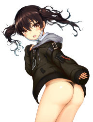 Rule 34 | 1girl, :o, absurdres, ass, bad id, bad pixiv id, bikini, bikini bottom only, black bikini, black coat, brown eyes, coat, commentary request, cowboy shot, from behind, hair between eyes, hand on own chest, highres, hood, hooded coat, idolmaster, idolmaster cinderella girls, leaning forward, long hair, long sleeves, looking at viewer, looking back, mask, mask pull, mole, mole under eye, mouth mask, open clothes, open coat, open mouth, ruiten, sharp teeth, simple background, sleeves past wrists, solo, sunazuka akira, surgical mask, swimsuit, teeth, twintails, upper teeth only, white background